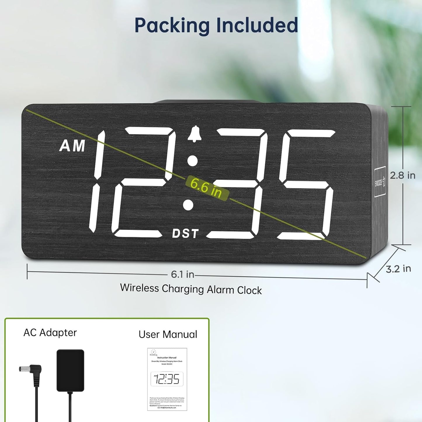 Wooden Digital Alarm Clock with Wireless Charging for Bedroom | Bedside Nightstand Clock with Charger Station, USB Port, Large Numbers, Adjustable Volume, Brightness Dimmer, DST