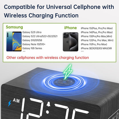 Wooden Digital Alarm Clock with Wireless Charging for Bedroom | Bedside Nightstand Clock with Charger Station, USB Port, Large Numbers, Adjustable Volume, Brightness Dimmer, DST
