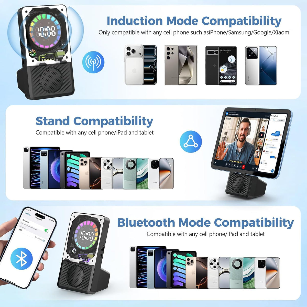 Wireless Induction Speaker – RGB Bluetooth Desk Speaker with Phone Stand, Instant Sound Boost for Calls, Podcasts & Videos