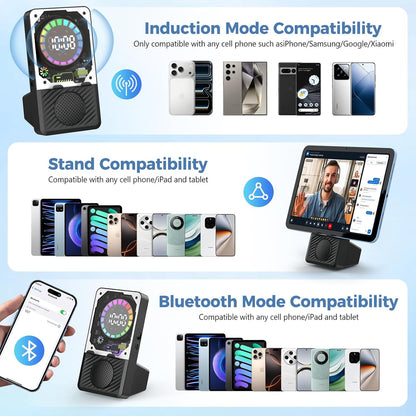 Wireless Induction Speaker – RGB Bluetooth Desk Speaker with Phone Stand, Instant Sound Boost for Calls, Podcasts & Videos