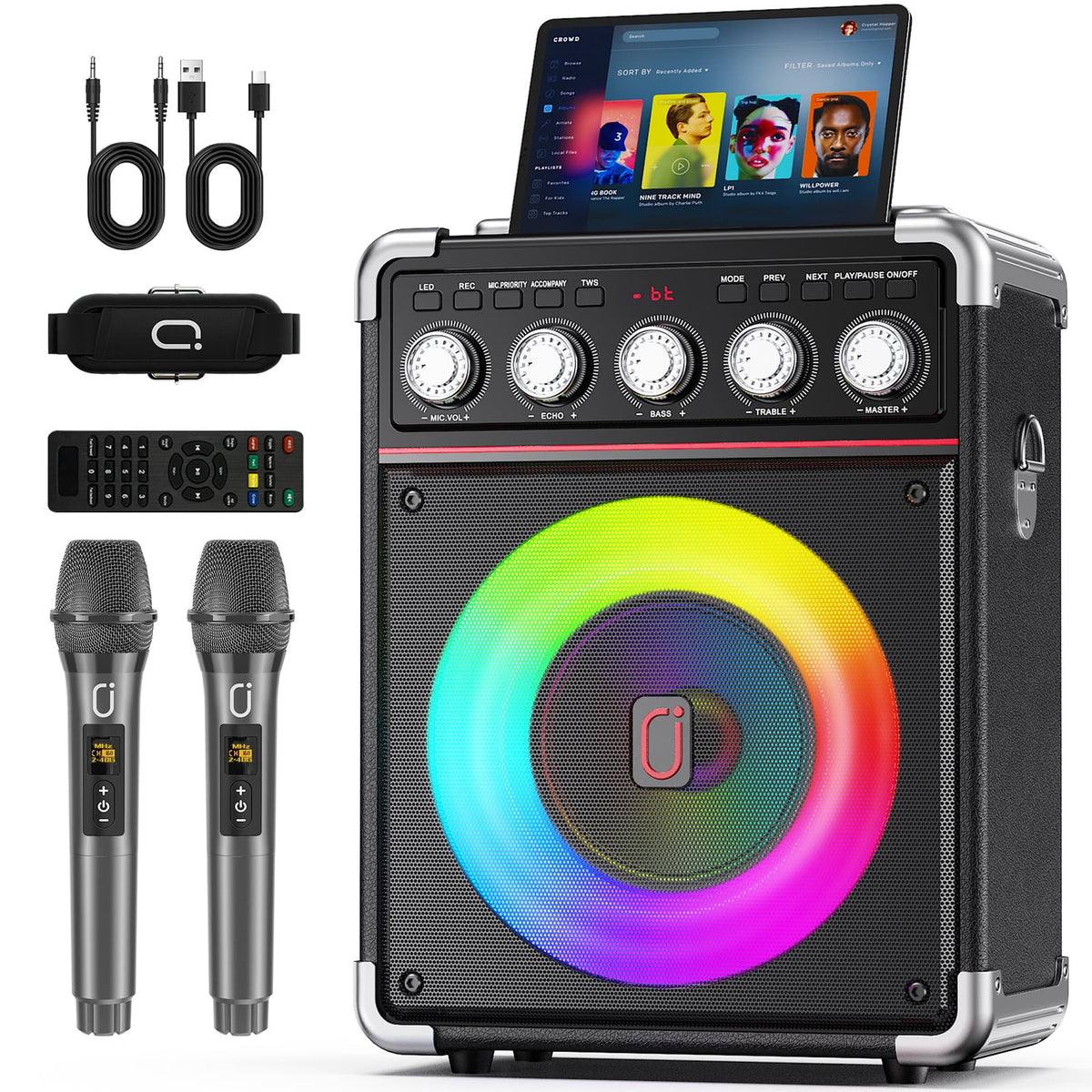 Karaoke Machine, Portable Bluetooth Speaker with 2 Microphones