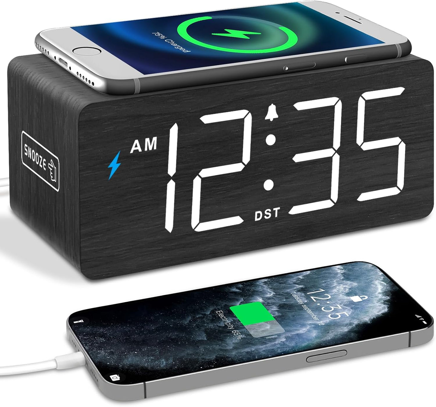 Wooden Digital Alarm Clock with Wireless Charging for Bedroom | Bedside Nightstand Clock with Charger Station, USB Port, Large Numbers, Adjustable Volume, Brightness Dimmer, DST