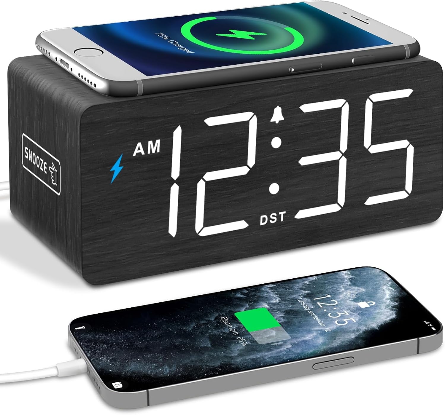 Wooden Digital Alarm Clock with Wireless Charging for Bedroom | Bedside Nightstand Clock with Charger Station, USB Port, Large Numbers, Adjustable Volume, Brightness Dimmer, DST