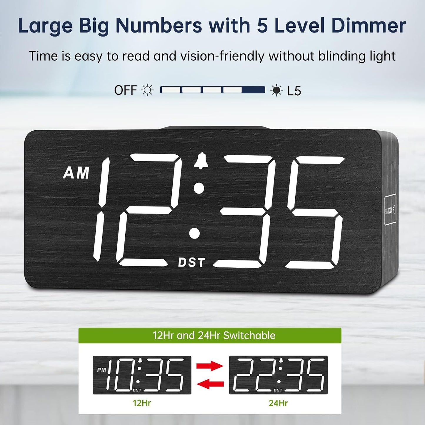 Wooden Digital Alarm Clock with Wireless Charging for Bedroom | Bedside Nightstand Clock with Charger Station, USB Port, Large Numbers, Adjustable Volume, Brightness Dimmer, DST