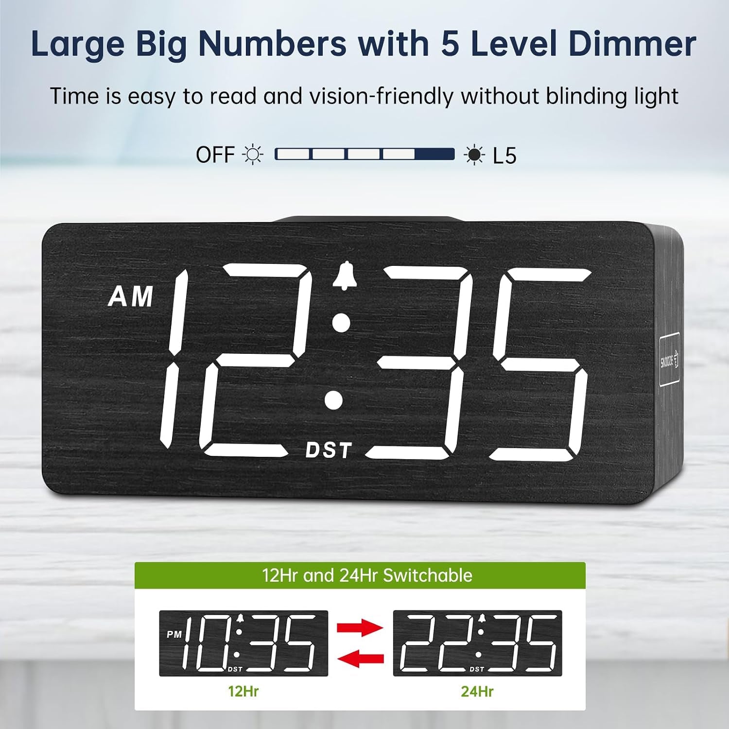 Wooden Digital Alarm Clock with Wireless Charging for Bedroom | Bedside Nightstand Clock with Charger Station, USB Port, Large Numbers, Adjustable Volume, Brightness Dimmer, DST