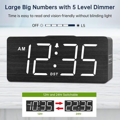 Wooden Digital Alarm Clock with Wireless Charging for Bedroom | Bedside Nightstand Clock with Charger Station, USB Port, Large Numbers, Adjustable Volume, Brightness Dimmer, DST