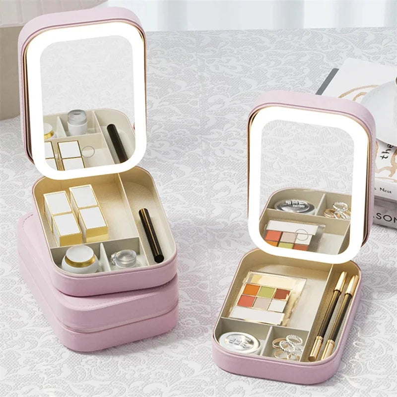 LED Mirror Makeup Storage Box – Portable Travel Cosmetic Case with Large Capacity