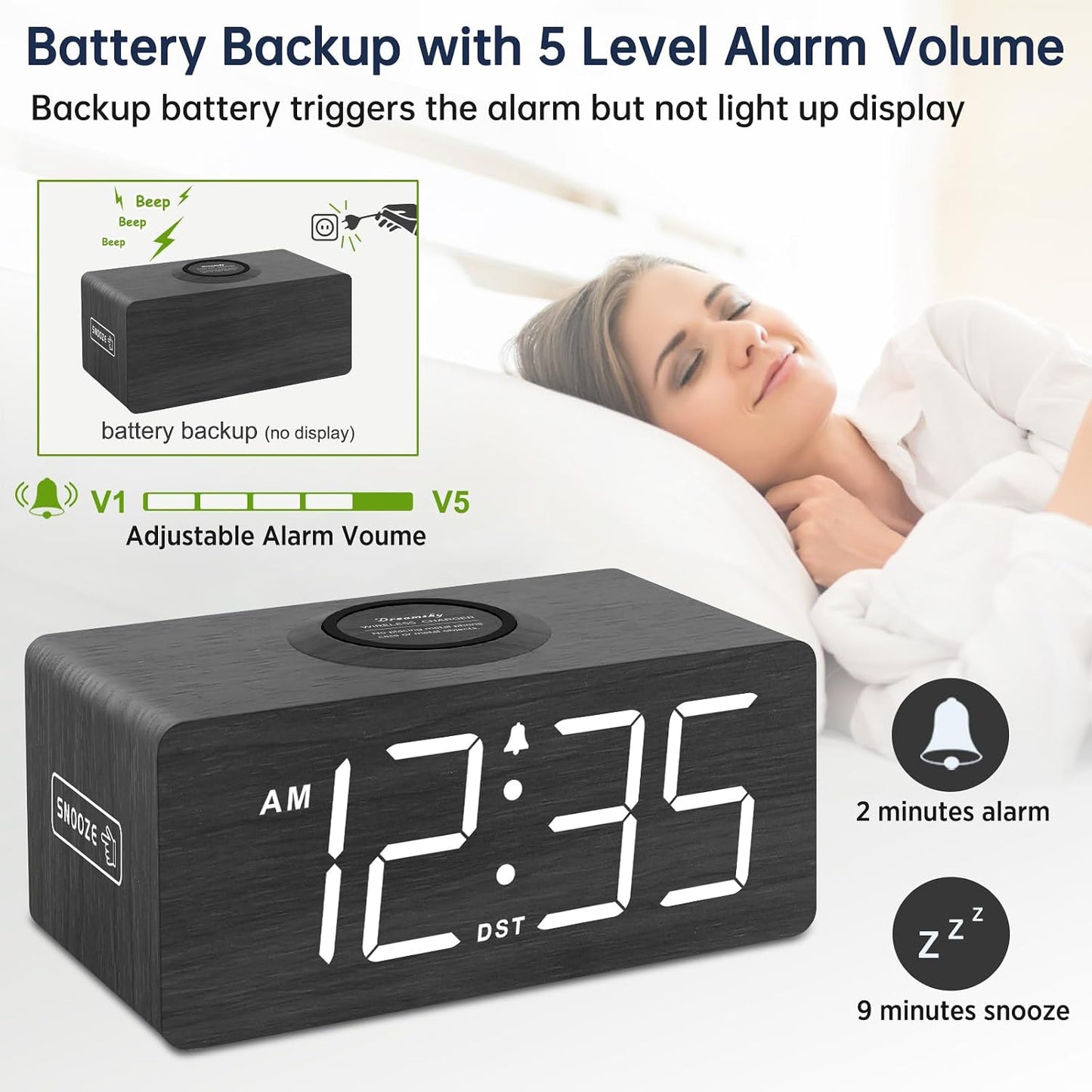 Wooden Digital Alarm Clock with Wireless Charging for Bedroom | Bedside Nightstand Clock with Charger Station, USB Port, Large Numbers, Adjustable Volume, Brightness Dimmer, DST