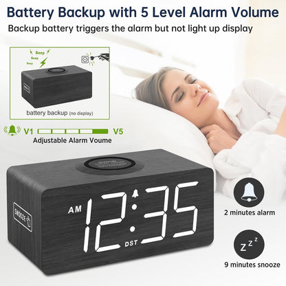 Wooden Digital Alarm Clock with Wireless Charging for Bedroom | Bedside Nightstand Clock with Charger Station, USB Port, Large Numbers, Adjustable Volume, Brightness Dimmer, DST