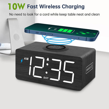 Wooden Digital Alarm Clock with Wireless Charging for Bedroom | Bedside Nightstand Clock with Charger Station, USB Port, Large Numbers, Adjustable Volume, Brightness Dimmer, DST