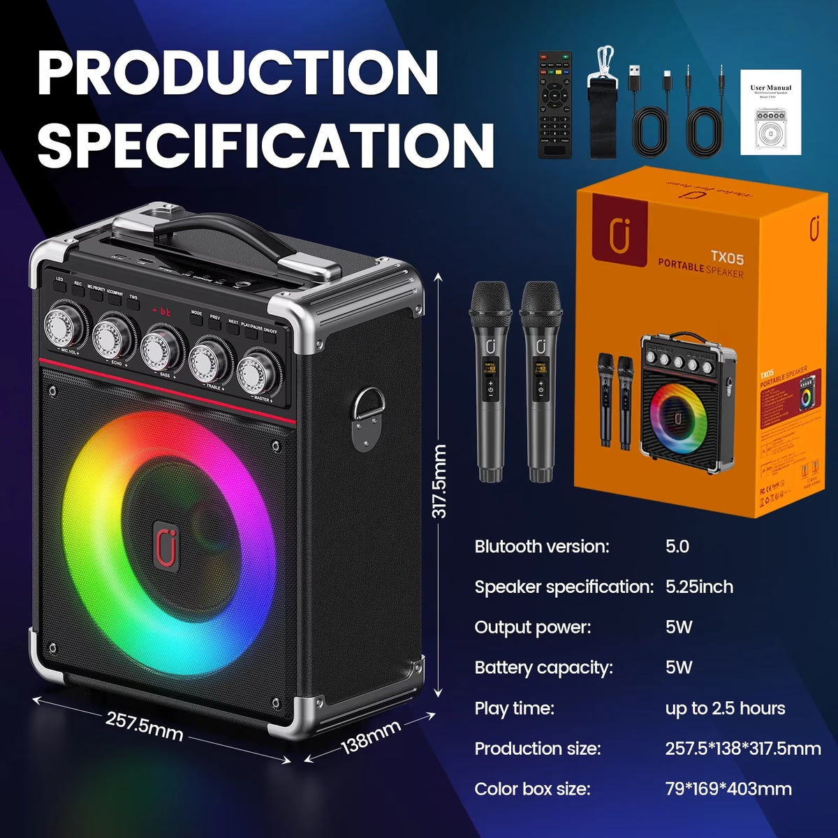 Karaoke Machine, Portable Bluetooth Speaker with 2 Microphones