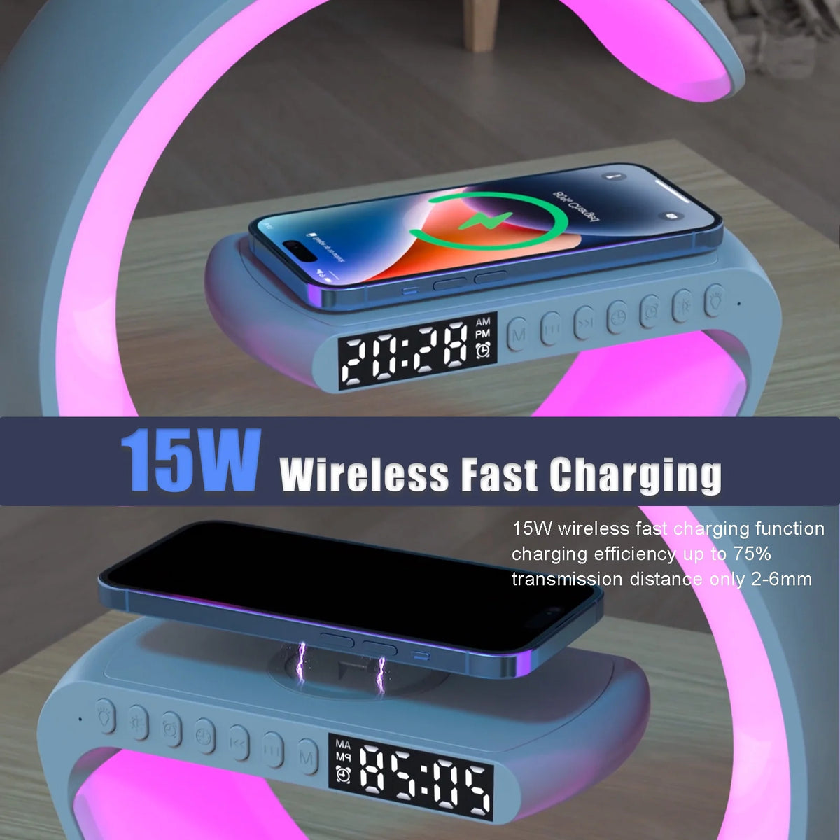 G‑Shaped Bluetooth Speaker – 256 Lighting Modes, Alarm, Night Light, Wireless Charging & Hands‑Free Calls