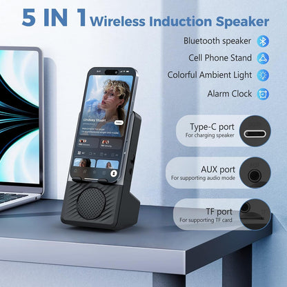 Wireless Induction Speaker – RGB Bluetooth Desk Speaker with Phone Stand, Instant Sound Boost for Calls, Podcasts & Videos