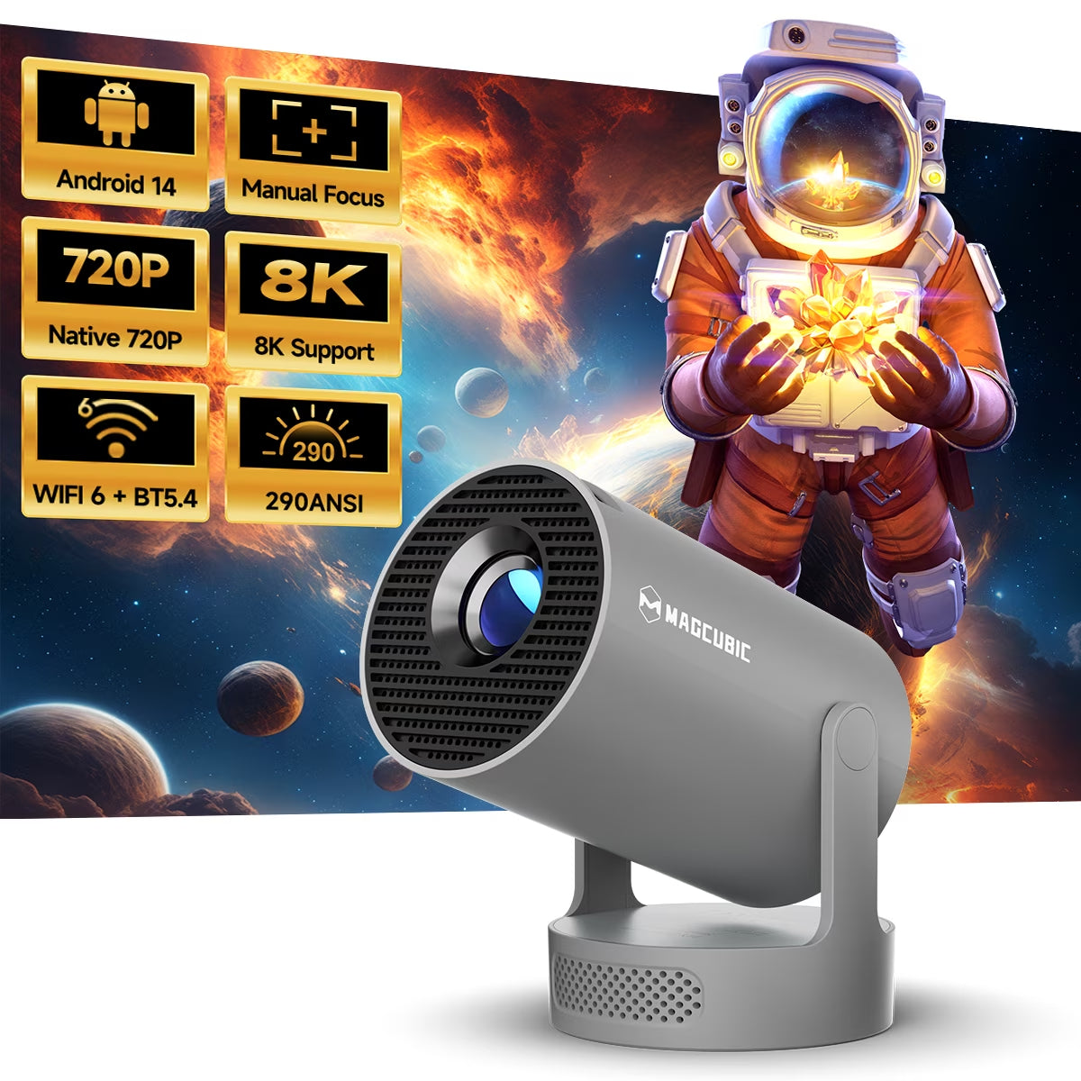 Projector 8K&4K 1080P Support, 290 ANSI Mini Projector Smart with 5W Soundbase Speaker for Movie Projection, HY300 Pro+ Grey