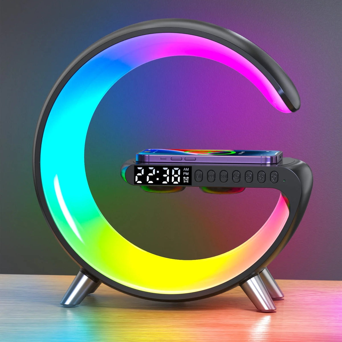 G‑Shaped Bluetooth Speaker – 256 Lighting Modes, Alarm, Night Light, Wireless Charging & Hands‑Free Calls