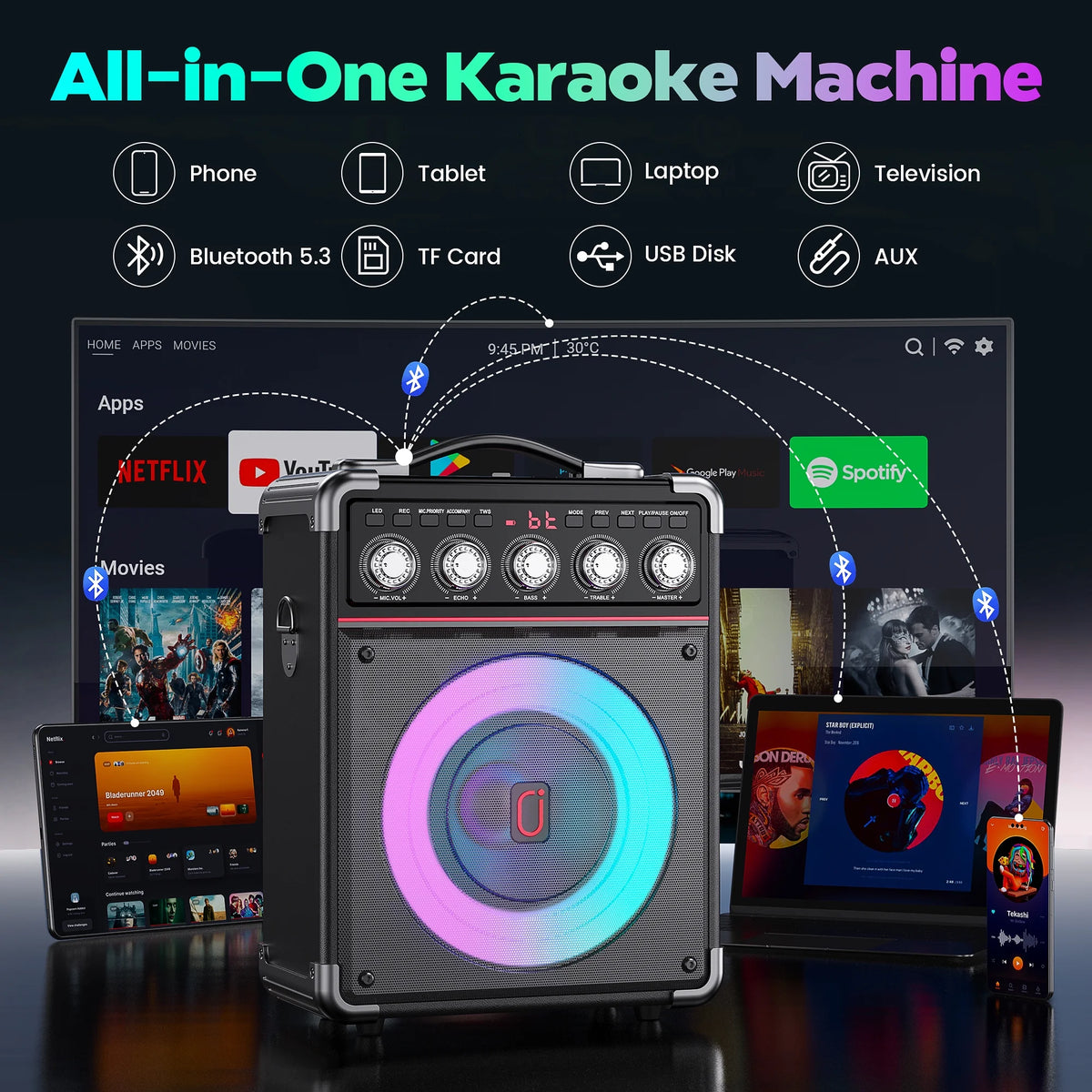 Karaoke Machine, Portable Bluetooth Speaker with 2 Microphones