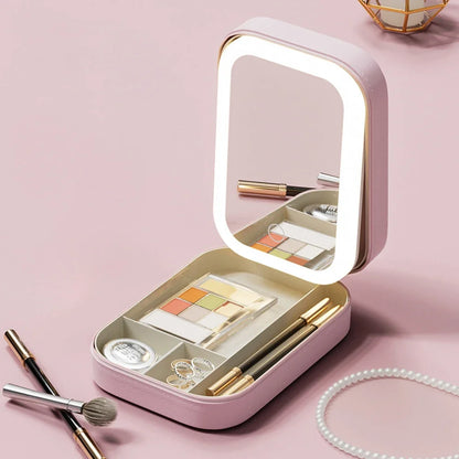 LED Mirror Makeup Storage Box – Portable Travel Cosmetic Case with Large Capacity