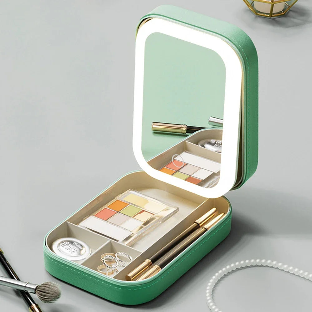 LED Mirror Makeup Storage Box – Portable Travel Cosmetic Case with Large Capacity