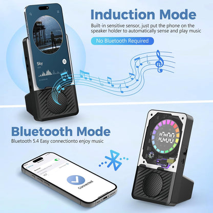Wireless Induction Speaker – RGB Bluetooth Desk Speaker with Phone Stand, Instant Sound Boost for Calls, Podcasts & Videos
