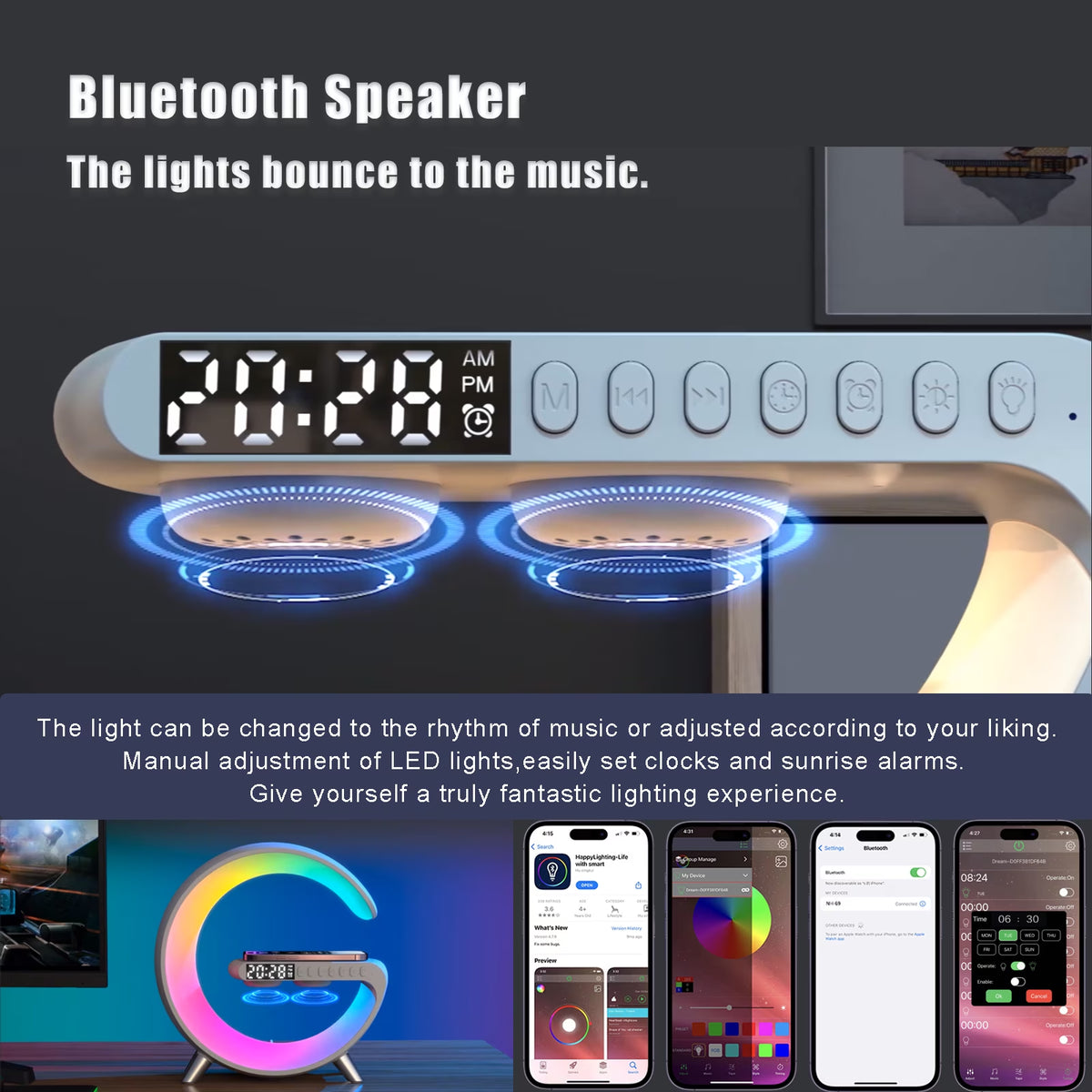 G‑Shaped Bluetooth Speaker – 256 Lighting Modes, Alarm, Night Light, Wireless Charging & Hands‑Free Calls