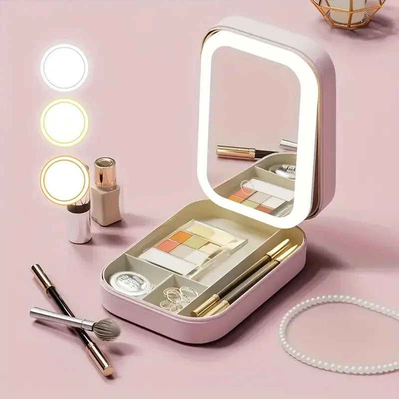 LED Mirror Makeup Storage Box – Portable Travel Cosmetic Case with Large Capacity