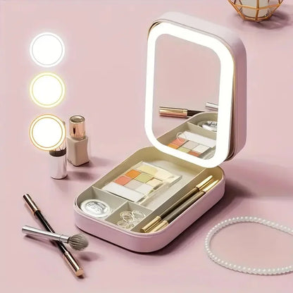 LED Mirror Makeup Storage Box – Portable Travel Cosmetic Case with Large Capacity