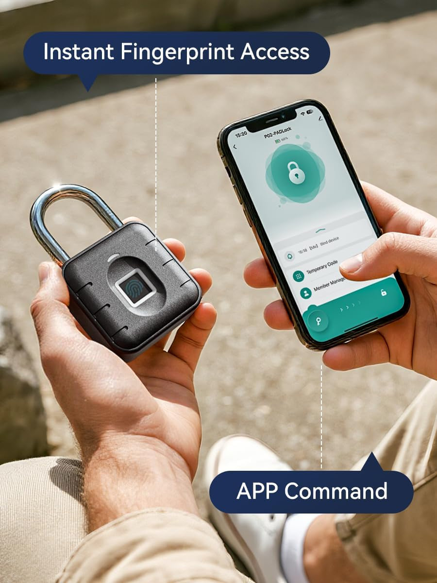 Smart Fingerprint Padlock, Keyless Biometric Gym Lock for Locker, Thumbprint Bluetooth Padlock with Tuya App, IP67 Waterproof Security Lock for Outdoor Gate, Shed, School & Storage Unit