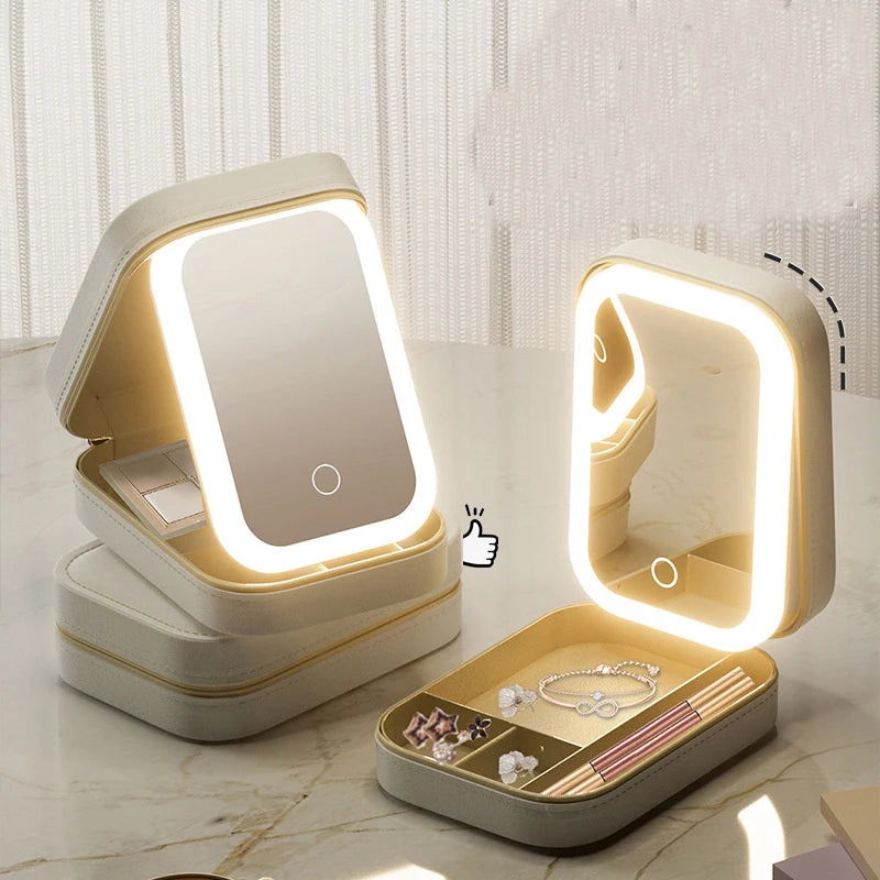 LED Mirror Makeup Storage Box – Portable Travel Cosmetic Case with Large Capacity