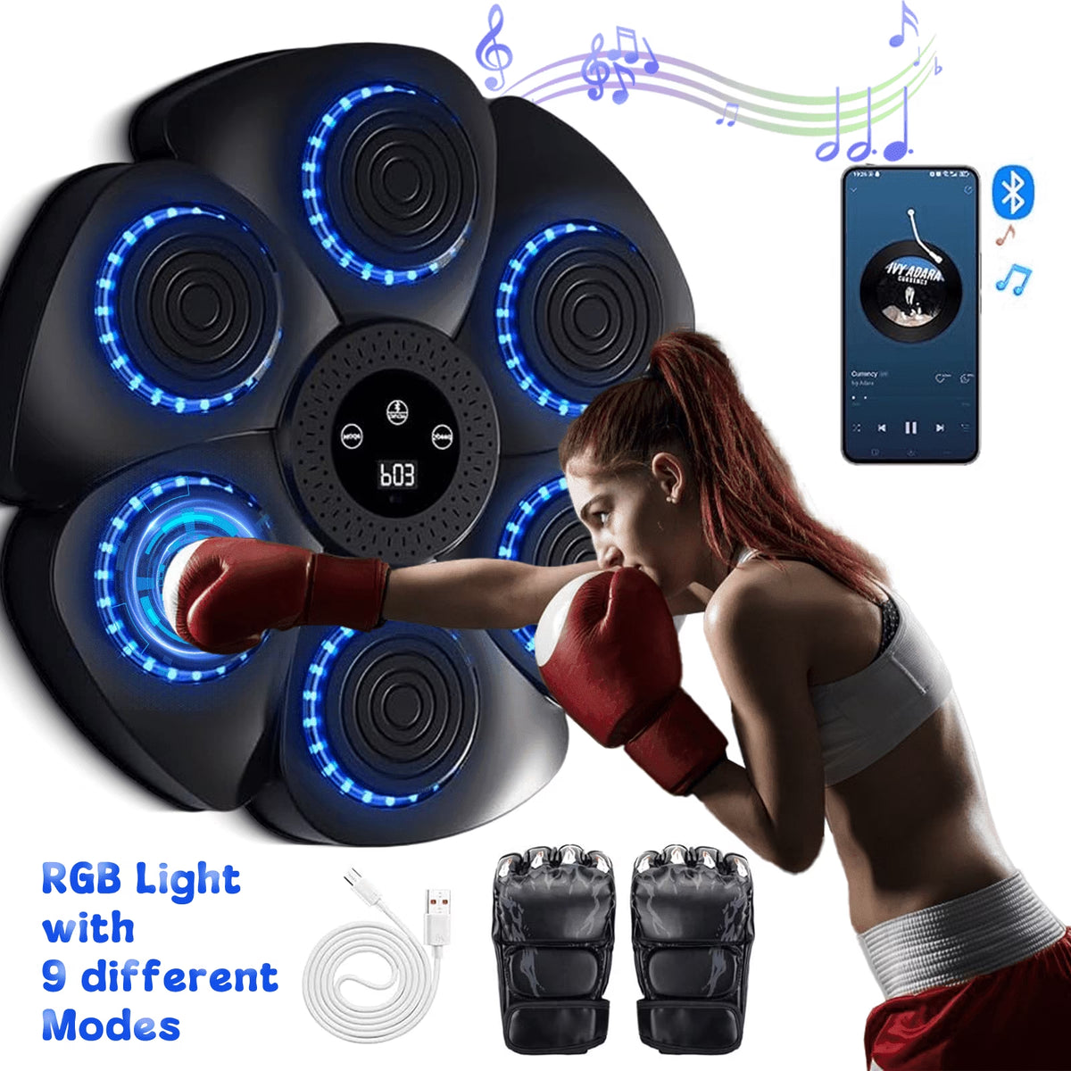 Puseky Smart Music Boxing Machine – Wall‑Mounted Bluetooth Trainer with Gloves, LED Display & 9 Modes