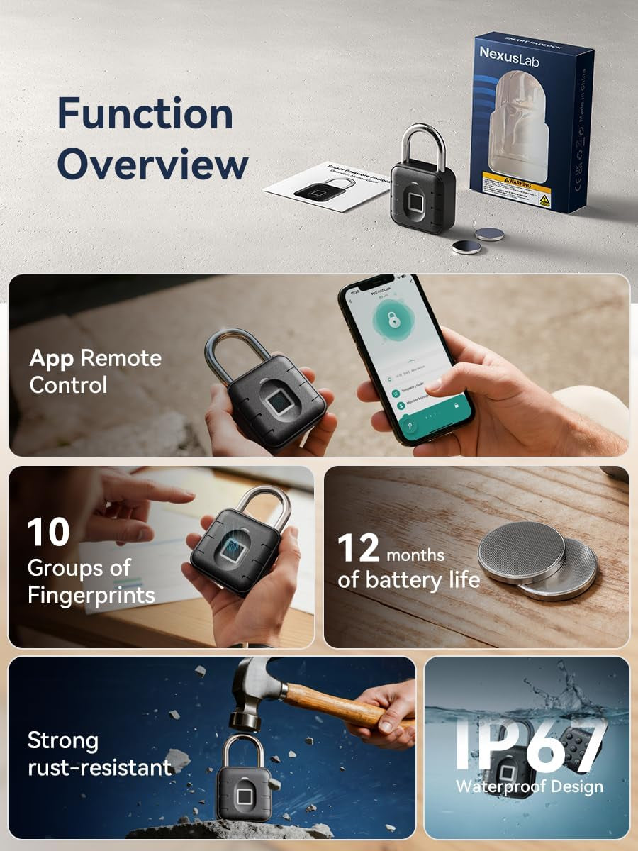 Smart Fingerprint Padlock, Keyless Biometric Gym Lock for Locker, Thumbprint Bluetooth Padlock with Tuya App, IP67 Waterproof Security Lock for Outdoor Gate, Shed, School & Storage Unit