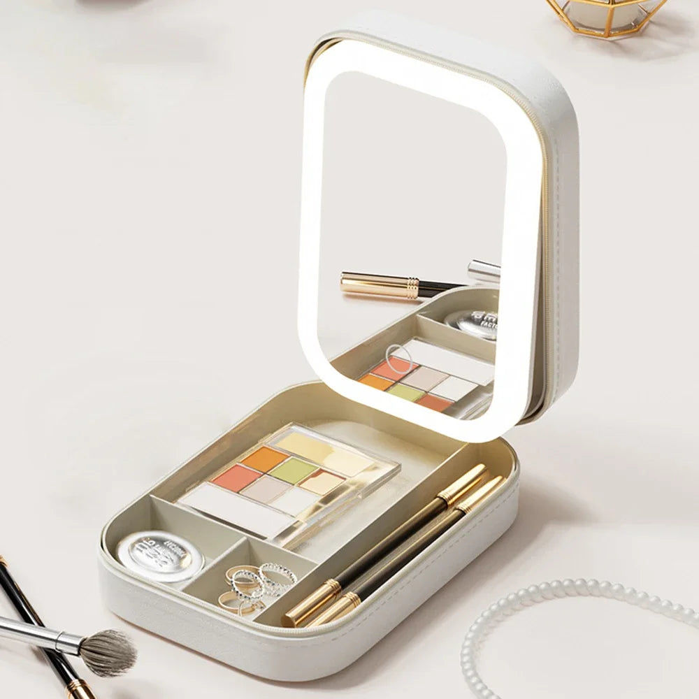 LED Mirror Makeup Storage Box – Portable Travel Cosmetic Case with Large Capacity
