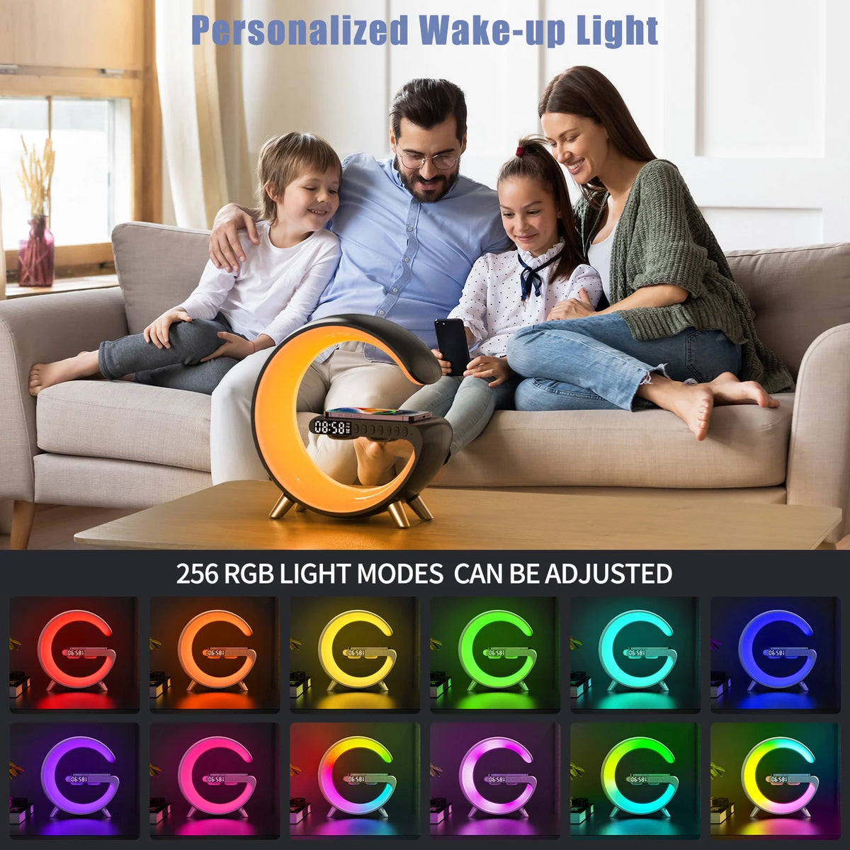 G‑Shaped Bluetooth Speaker – 256 Lighting Modes, Alarm, Night Light, Wireless Charging & Hands‑Free Calls