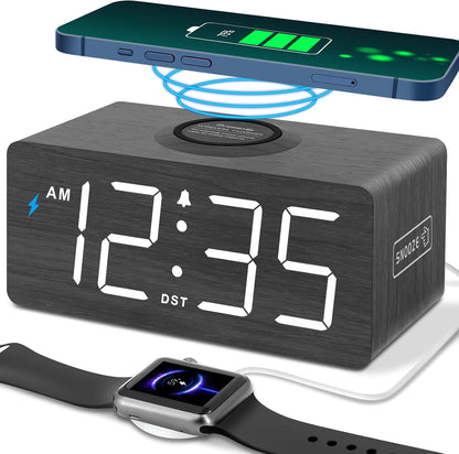 Wooden Digital Alarm Clock with Wireless Charging for Bedroom | Bedside Nightstand Clock with Charger Station, USB Port, Large Numbers, Adjustable Volume, Brightness Dimmer, DST