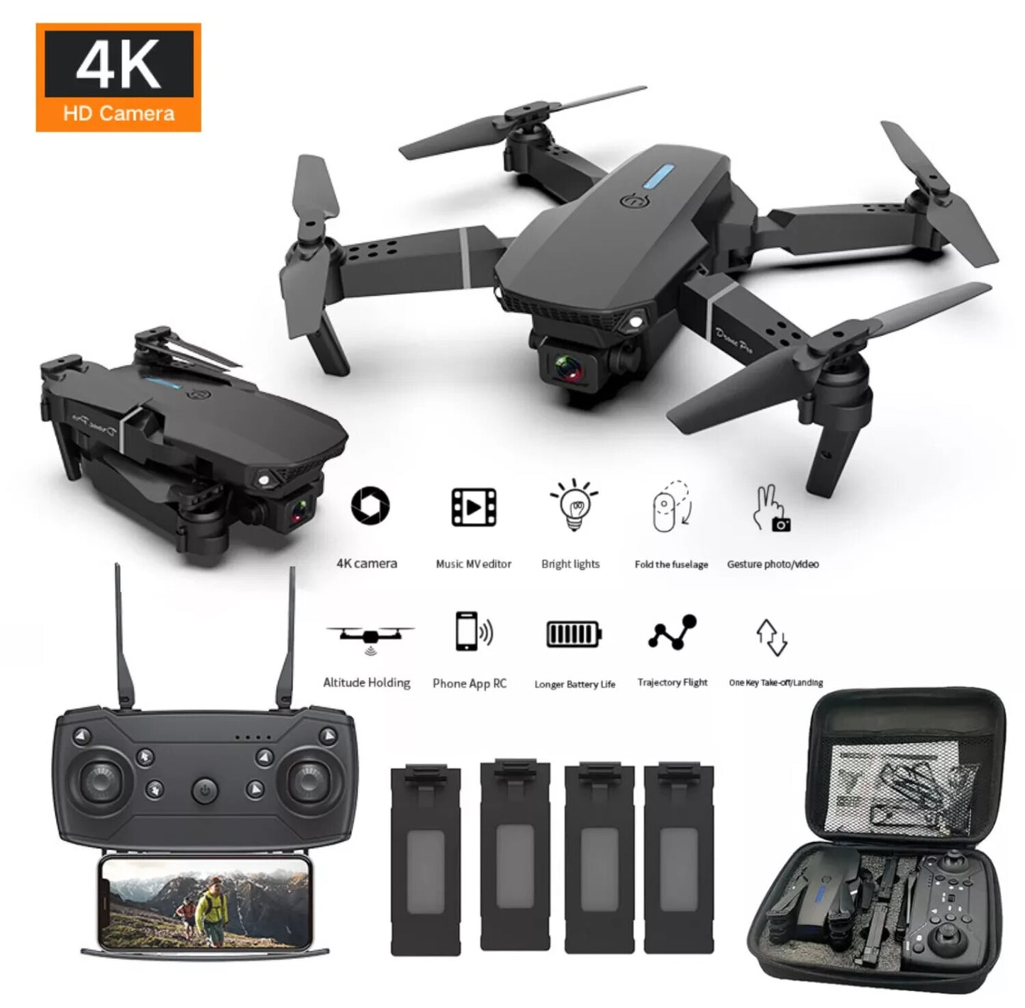 RC Drone with HD Dual Camera Wifi FPV Foldable Quadcopter +4 Battery