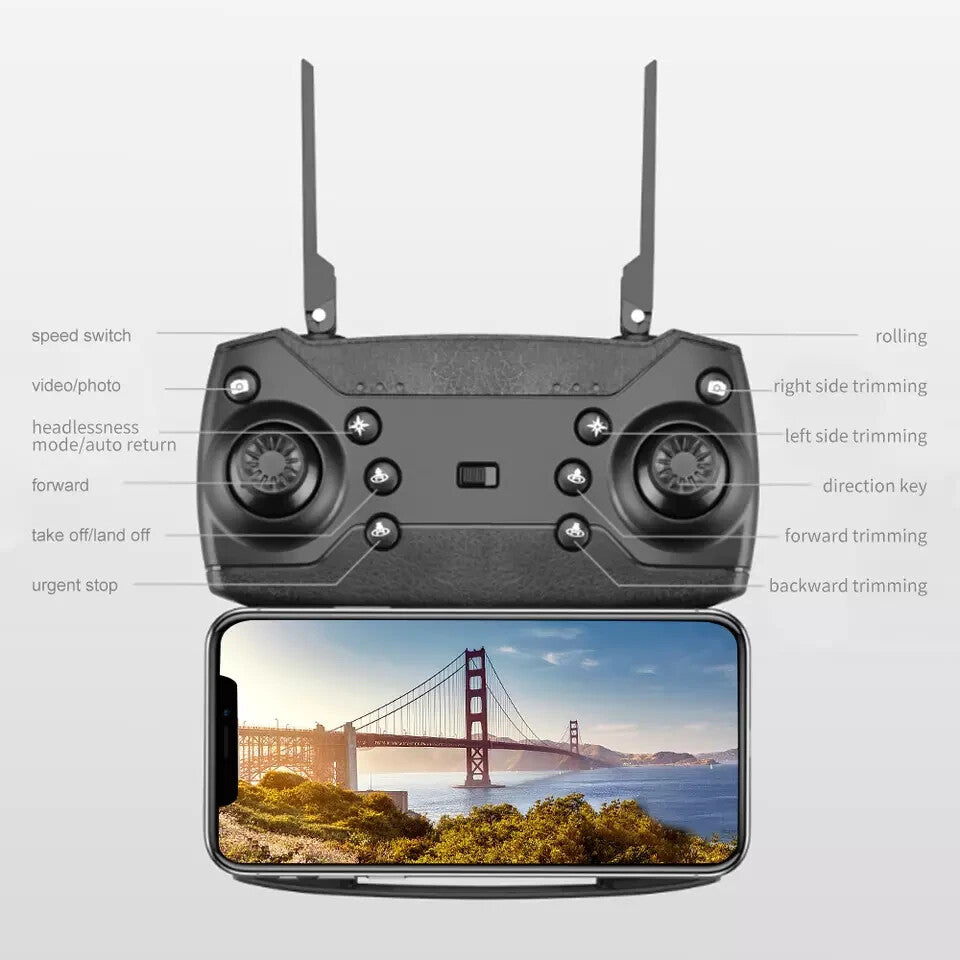 RC Drone with HD Dual Camera Wifi FPV Foldable Quadcopter +4 Battery